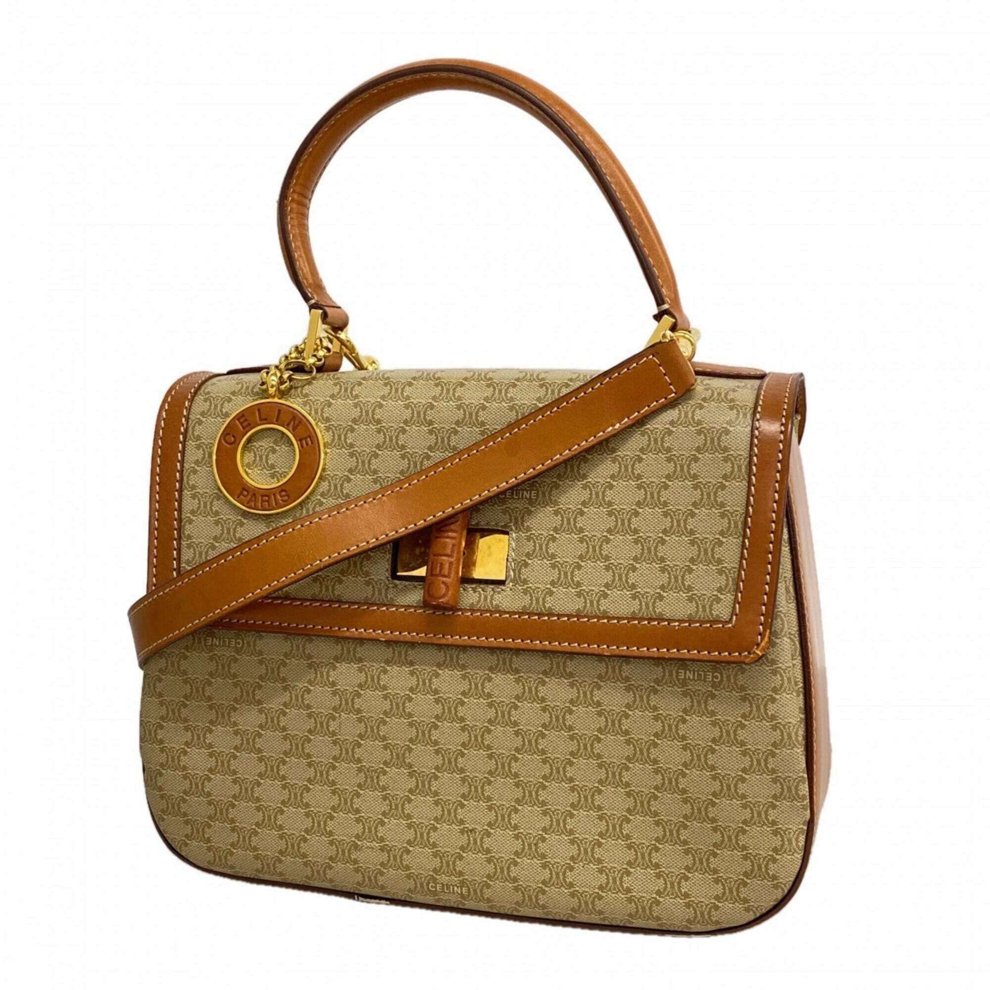 Celine Macadam Handbag, Beige And Brown, 2-Way Bag For Women.